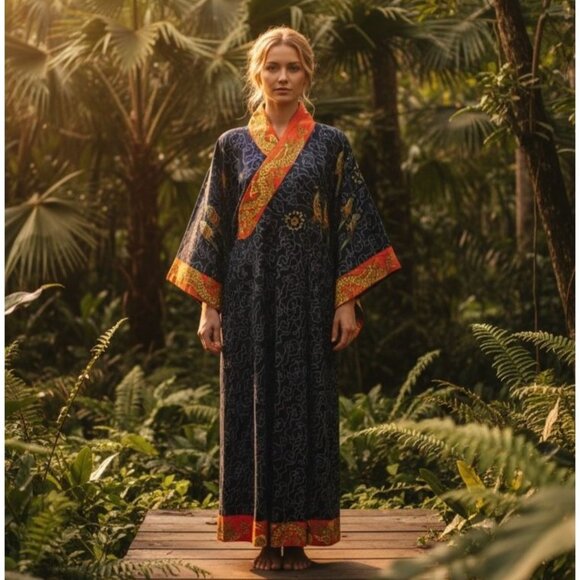 J Peterman Company Imperial Dragon Kimono Dress Faux Wrap Cotton Blue Print S/M - Picture 1 of 13